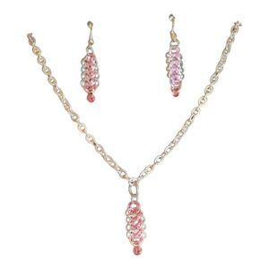 2 Pc Handmade Handcrafted Jewely Set Silver Pink Tone Metal Pink Beads Dangle